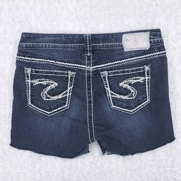 Silver Suki DIY Cut-off Shorts Women's 29 Raw Hem Stretch Faded Dark Wash Glam - Picture 4 of 7